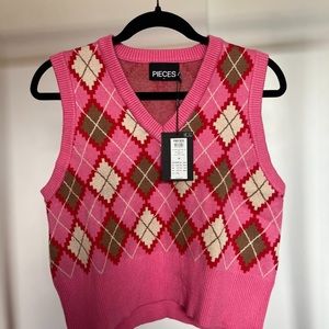 Pieces (ASOS) Pink Argyle Plaid Sweater Vest